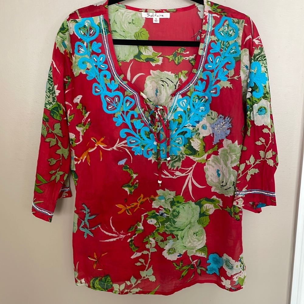 Cotton top, colourful, floral print with pearl beads